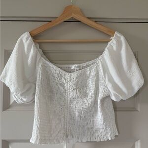 Marshalls White Puff Sleeve Smocked Crop Blouse with Front Tie